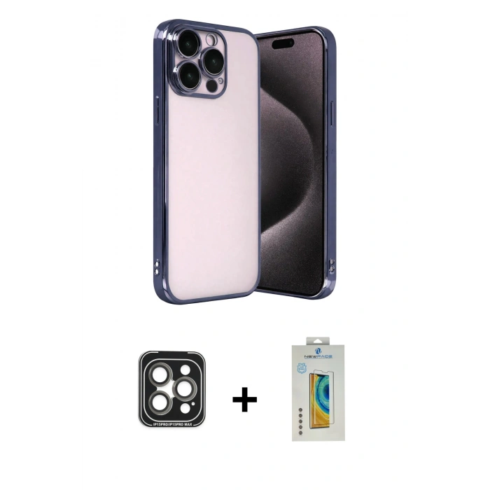 MARSİLYAN™- iPhone 15 Pro Max Kılıf Vadi Minimal - Siyah Polymer Nano Ekran Koruyucu + PVD Metal Kamera Lens - GI