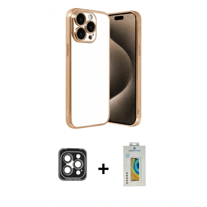 MARSİLYAN™- iPhone 15 Pro Max Kılıf Vadi Minimal - Siyah Polymer Nano Ekran Koruyucu + PVD Metal Kamera Lens - GI