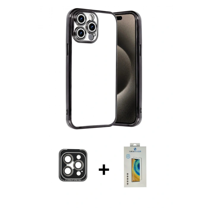MARSİLYAN™- iPhone 15 Pro Max Kılıf Vadi Minimal - Siyah Polymer Nano Ekran Koruyucu + PVD Metal Kamera Lens - GI