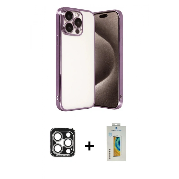 MARSİLYAN™- iPhone 15 Pro Max Kılıf Vadi Minimal - Siyah Polymer Nano Ekran Koruyucu + PVD Metal Kamera Lens - GS