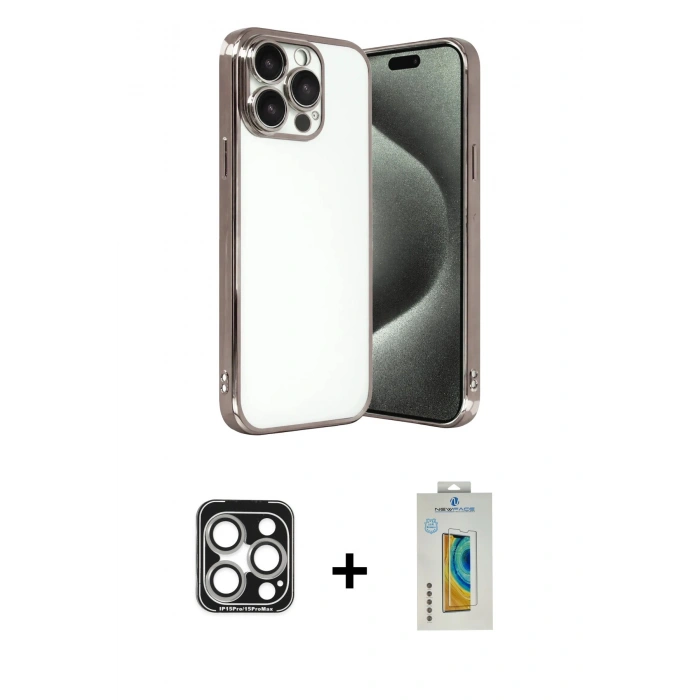 MARSİLYAN™- iPhone 15 Pro Max Kılıf Vadi Minimal - Siyah Polymer Nano Ekran Koruyucu + PVD Metal Kamera Lens - GS