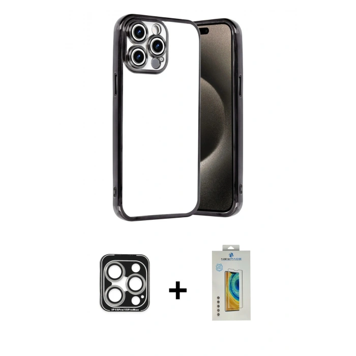 MARSİLYAN™- iPhone 15 Pro Max Kılıf Vadi Minimal - Siyah Polymer Nano Ekran Koruyucu + PVD Metal Kamera Lens - GS
