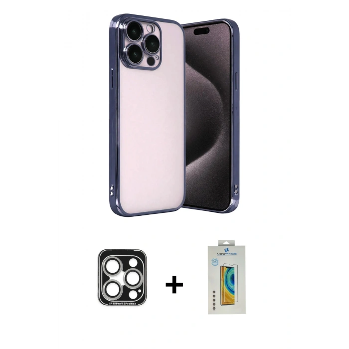 MARSİLYAN™- iPhone 15 Pro Max Kılıf Vadi Minimal - Siyah Polymer Nano Ekran Koruyucu + PVD Metal Kamera Lens - GS