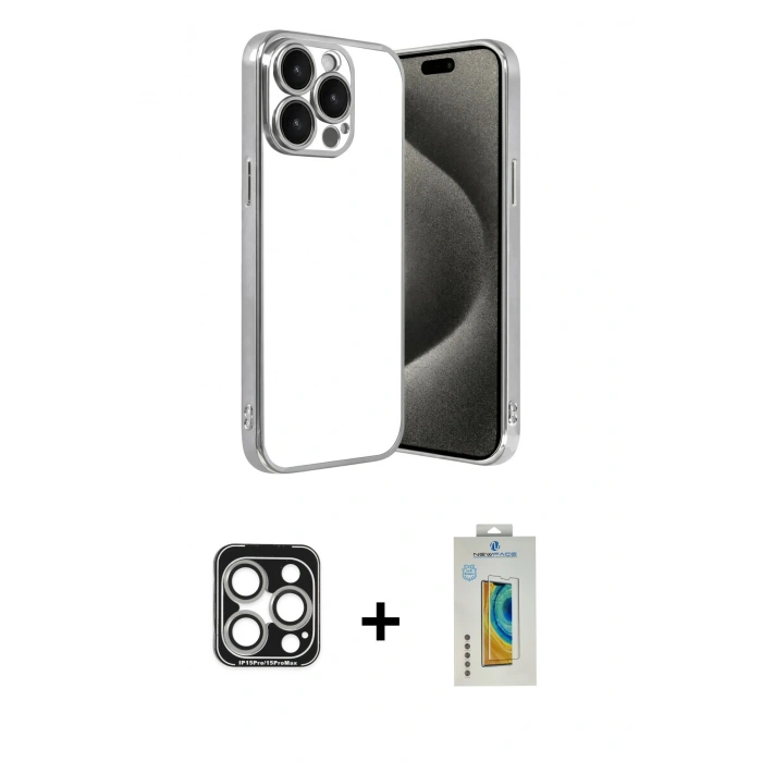 MARSİLYAN™- iPhone 15 Pro Max Kılıf Vadi Minimal - Siyah Polymer Nano Ekran Koruyucu + PVD Metal Kamera Lens - GS