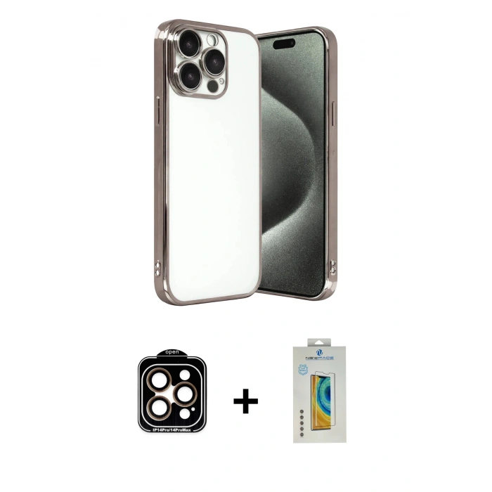 MARSİLYAN™- iPhone 15 Pro Max Kılıf Vadi Minimal - Siyah Polymer Nano Ekran Koruyucu + PVD Metal Kamera Lens - TU