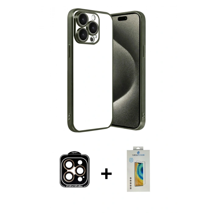 MARSİLYAN™- iPhone 15 Pro Max Kılıf Vadi Minimal - Siyah Polymer Nano Ekran Koruyucu + PVD Metal Kamera Lens - TU