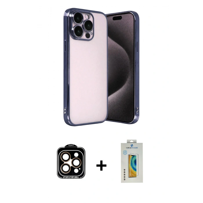MARSİLYAN™- iPhone 15 Pro Max Kılıf Vadi Minimal - Siyah Polymer Nano Ekran Koruyucu + PVD Metal Kamera Lens - TU
