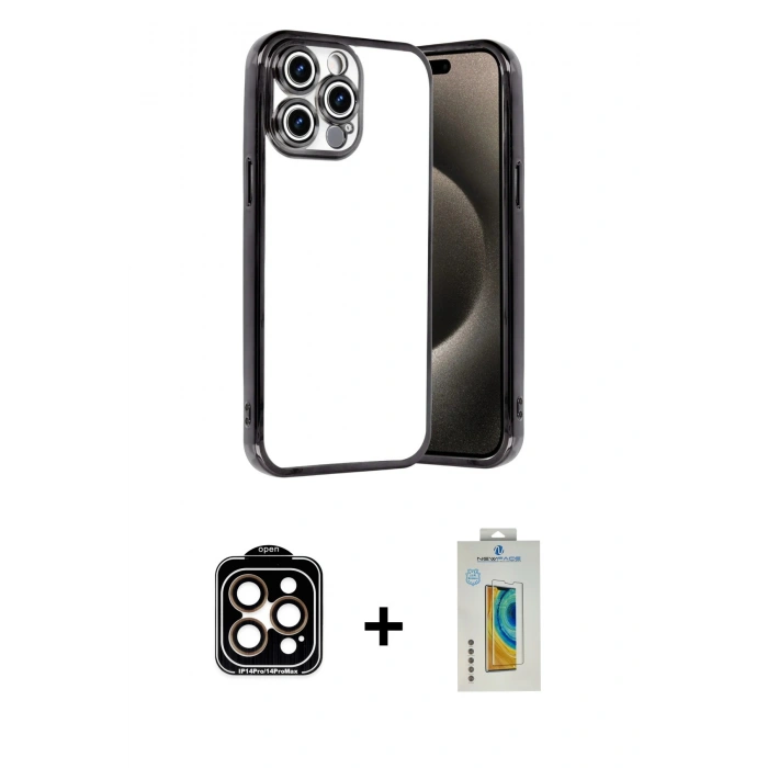 MARSİLYAN™- iPhone 15 Pro Max Kılıf Vadi Minimal - Siyah Polymer Nano Ekran Koruyucu + PVD Metal Kamera Lens - TU