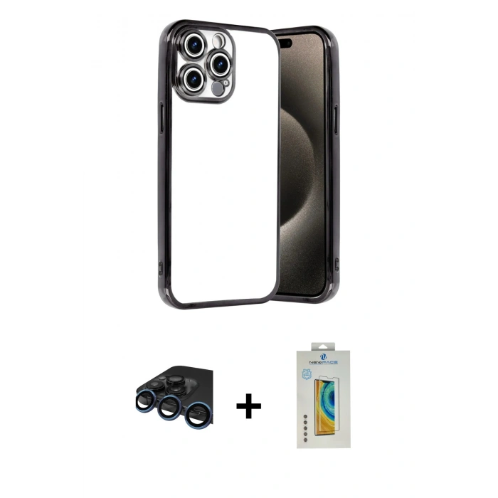 MARSİLYAN™- iPhone 15 Pro Max Kılıf Vadi Minimal - Siyah Polymer Nano Ekran Koruyucu + Raze Metal Kamera Lens - LT