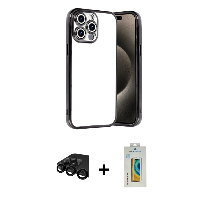 MARSİLYAN™- iPhone 15 Pro Max Kılıf Vadi Minimal - Siyah Polymer Nano Ekran Koruyucu + Raze Metal Kamera Lens - SH
