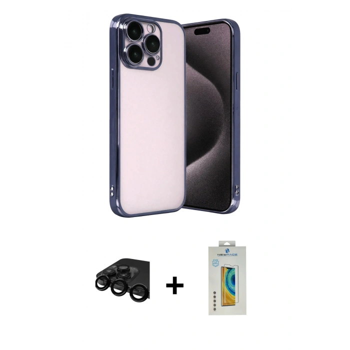 MARSİLYAN™- iPhone 15 Pro Max Kılıf Vadi Minimal - Siyah Polymer Nano Ekran Koruyucu + Raze Metal Kamera Lens - SH