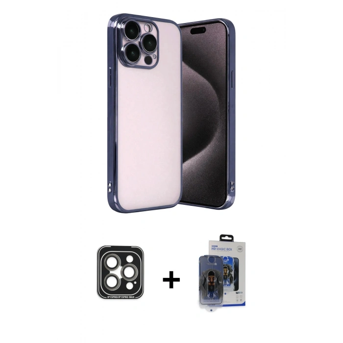 MARSİLYAN™- iPhone 15 Pro Max Kılıf Vadi Minimal - Siyah Vanessa Magic Cam + Gri PVD Metal Kamera Lens