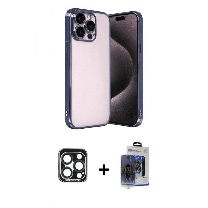 MARSİLYAN™- iPhone 15 Pro Max Kılıf Vadi Minimal - Siyah Vanessa Magic Cam + Lacivert PVD Metal Kamera Lens