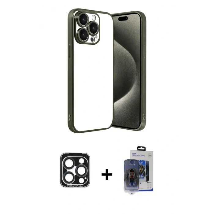 MARSİLYAN™- iPhone 15 Pro Max Kılıf Vadi Minimal - Siyah Vanessa Magic Cam + Lacivert PVD Metal Kamera Lens