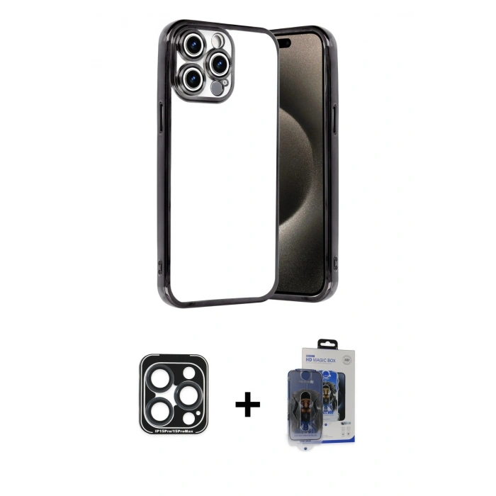 MARSİLYAN™- iPhone 15 Pro Max Kılıf Vadi Minimal - Siyah Vanessa Magic Cam + Lacivert PVD Metal Kamera Lens