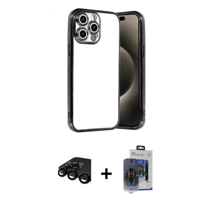 MARSİLYAN™- iPhone 15 Pro Max Kılıf Vadi Minimal - Siyah Vanessa Magic Cam + Raze Metal Kamera Lens - SH