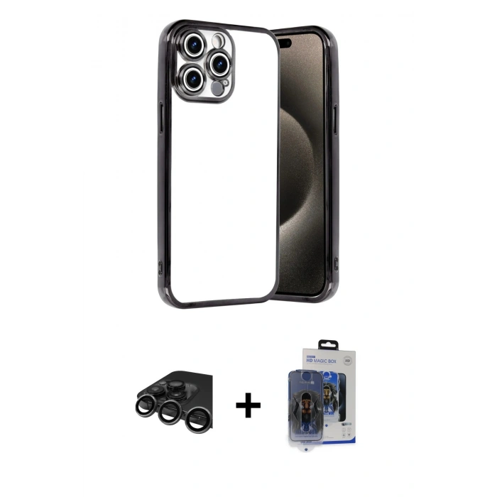 MARSİLYAN™- iPhone 15 Pro Max Kılıf Vadi Minimal - Siyah Vanessa Magic Cam + Raze Metal Kamera Lens - TMGI