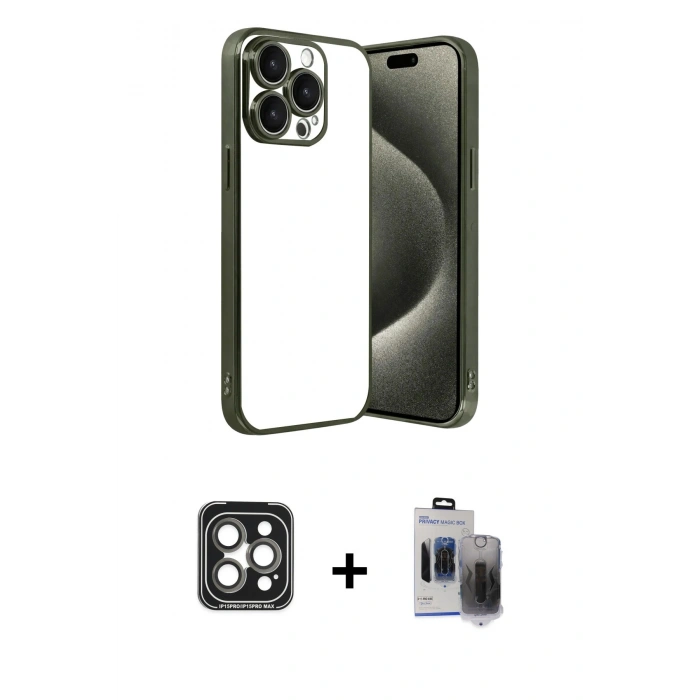 MARSİLYAN™- iPhone 15 Pro Max Kılıf Vadi Minimal - Siyah Vanessa Magic Hayalet Cam + PVD Metal Kamera Lens - GI