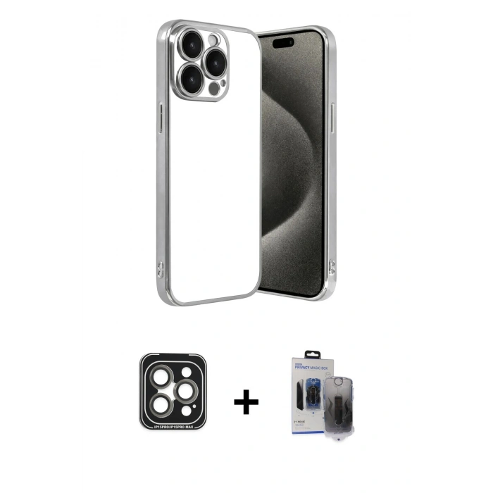 MARSİLYAN™- iPhone 15 Pro Max Kılıf Vadi Minimal - Siyah Vanessa Magic Hayalet Cam + PVD Metal Kamera Lens - GI