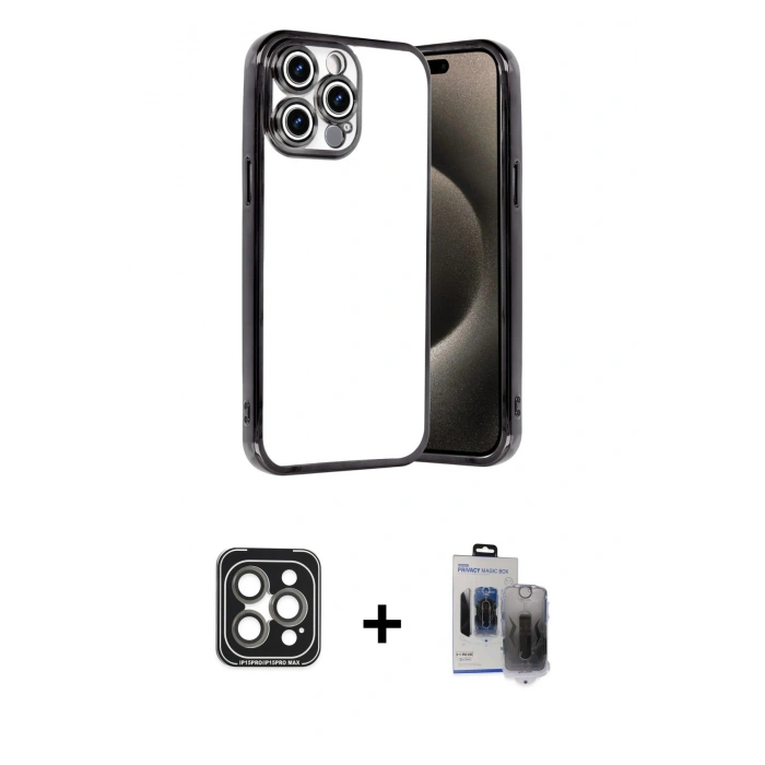 MARSİLYAN™- iPhone 15 Pro Max Kılıf Vadi Minimal - Siyah Vanessa Magic Hayalet Cam + PVD Metal Kamera Lens - GI