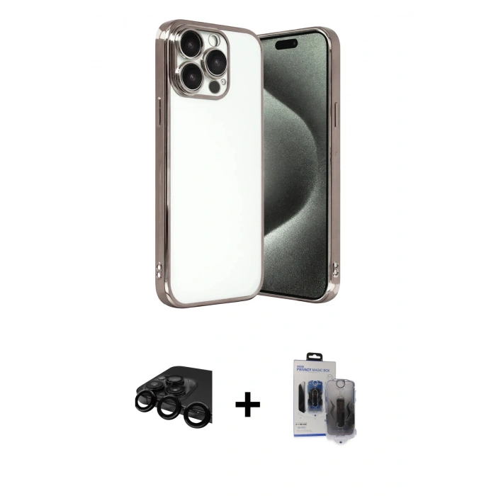 MARSİLYAN™- iPhone 15 Pro Max Kılıf Vadi Minimal - Siyah Vanessa Magic Hayalet Cam + Raze Metal Kamera Lens - SH
