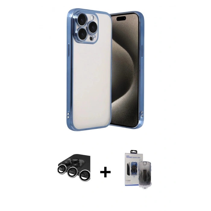 MARSİLYAN™- iPhone 15 Pro Max Kılıf Vadi Minimal - Siyah Vanessa Magic Hayalet Cam + Raze Metal Kamera Lens - GS