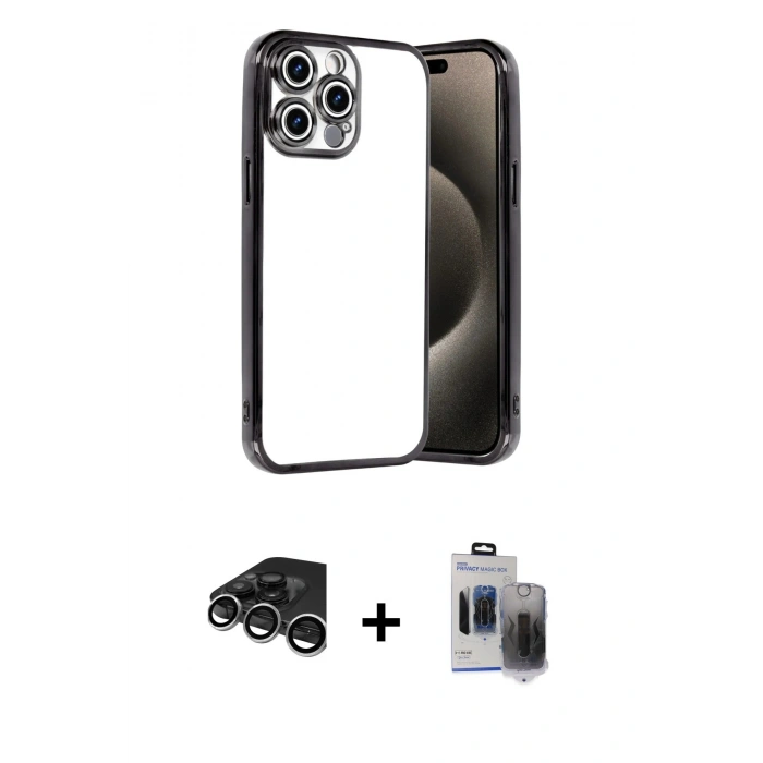 MARSİLYAN™- iPhone 15 Pro Max Kılıf Vadi Minimal - Siyah Vanessa Magic Hayalet Cam + Raze Metal Kamera Lens - GS