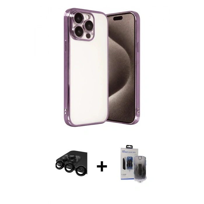 MARSİLYAN™- iPhone 15 Pro Max Kılıf Vadi Minimal - Siyah Vanessa Magic Hayalet Cam + Raze Metal Kamera Lens - SH