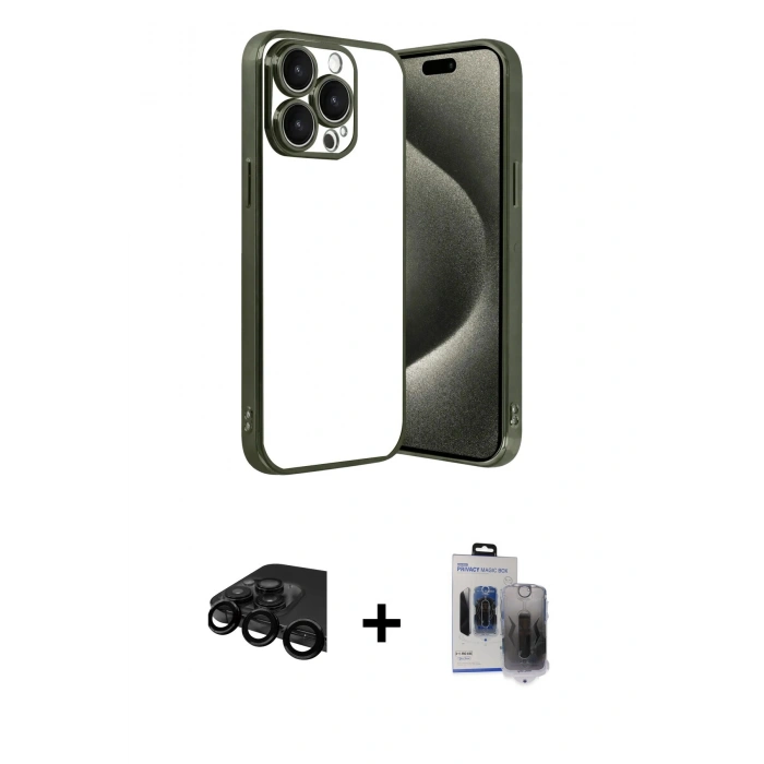 MARSİLYAN™- iPhone 15 Pro Max Kılıf Vadi Minimal - Siyah Vanessa Magic Hayalet Cam + Raze Metal Kamera Lens - SH