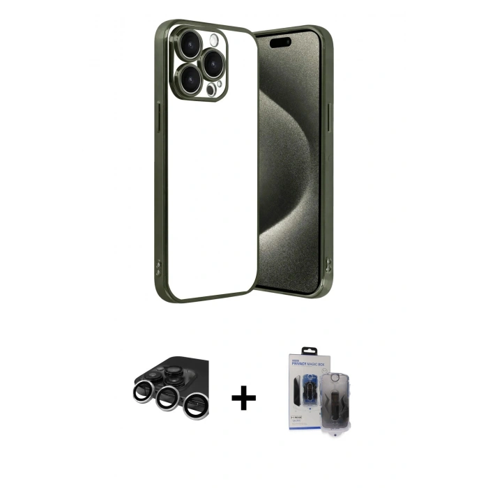 MARSİLYAN™- iPhone 15 Pro Max Kılıf Vadi Minimal - Siyah Vanessa Magic Hayalet Cam + Raze Metal Kamera Lens - GS