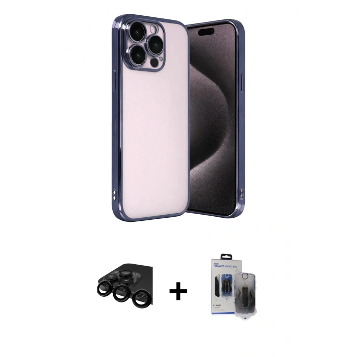 MARSİLYAN™- iPhone 15 Pro Max Kılıf Vadi Minimal - Siyah Vanessa Magic Hayalet Cam + Raze Metal Kamera Lens - SH