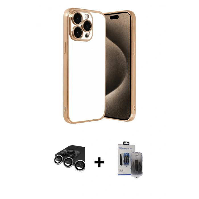 MARSİLYAN™- iPhone 15 Pro Max Kılıf Vadi Minimal - Siyah Vanessa Magic Hayalet Cam + Raze Metal Kamera Lens - GS