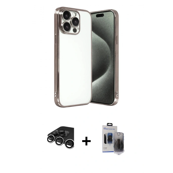 MARSİLYAN™- iPhone 15 Pro Max Kılıf Vadi Minimal - Siyah Vanessa Magic Hayalet Cam + Raze Metal Kamera Lens - GS