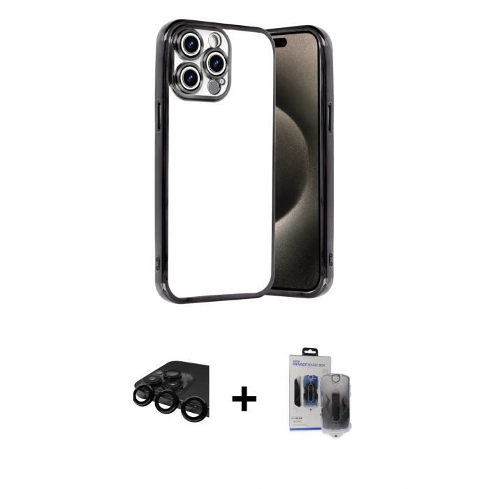 MARSİLYAN™- iPhone 15 Pro Max Kılıf Vadi Minimal - Siyah Vanessa Magic Hayalet Cam + Raze Metal Kamera Lens - SH