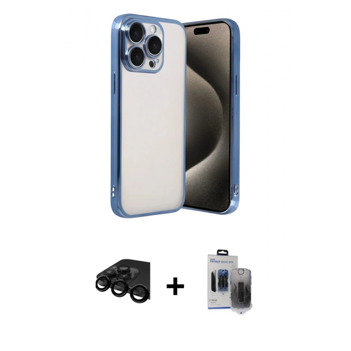 MARSİLYAN™- iPhone 15 Pro Max Kılıf Vadi Minimal - Siyah Vanessa Magic Hayalet Cam + Raze Metal Kamera Lens - SH