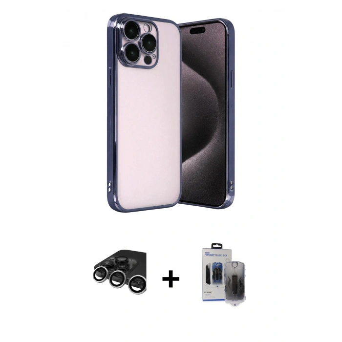 MARSİLYAN™- iPhone 15 Pro Max Kılıf Vadi Minimal - Siyah Vanessa Magic Hayalet Cam + Raze Metal Kamera Lens - GS