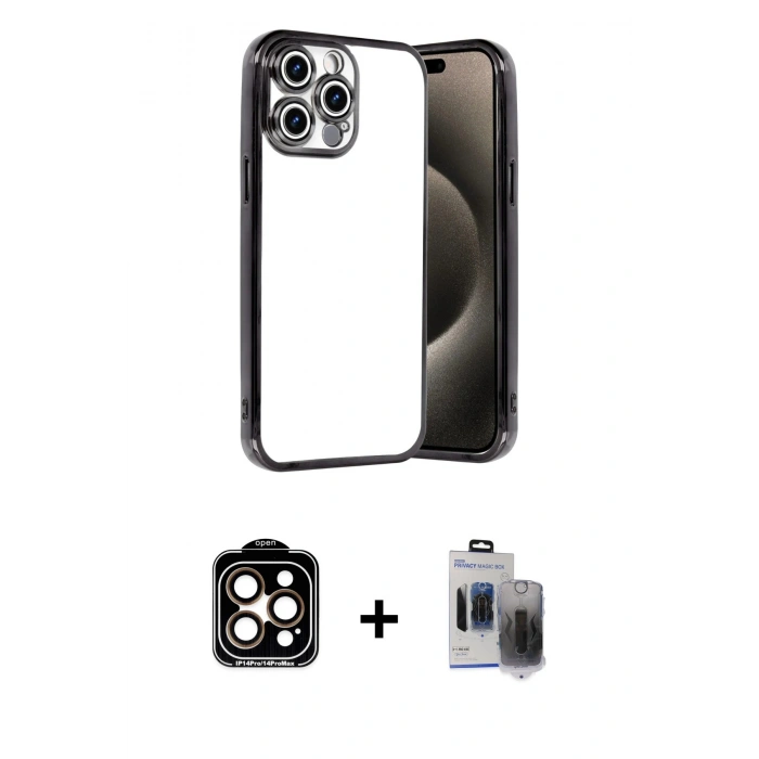 MARSİLYAN™- iPhone 15 Pro Max Kılıf Vadi Minimal - Siyah Vanessa Magic Hayalet Cam + PVD Metal Kamera Lens - TU