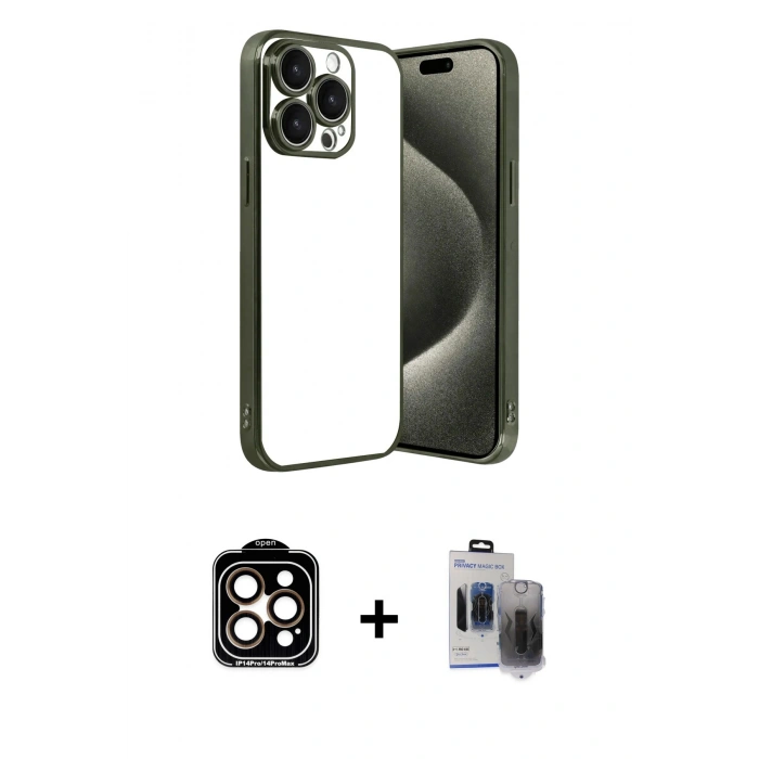 MARSİLYAN™- iPhone 15 Pro Max Kılıf Vadi Minimal - Siyah Vanessa Magic Hayalet Cam + PVD Metal Kamera Lens - TU