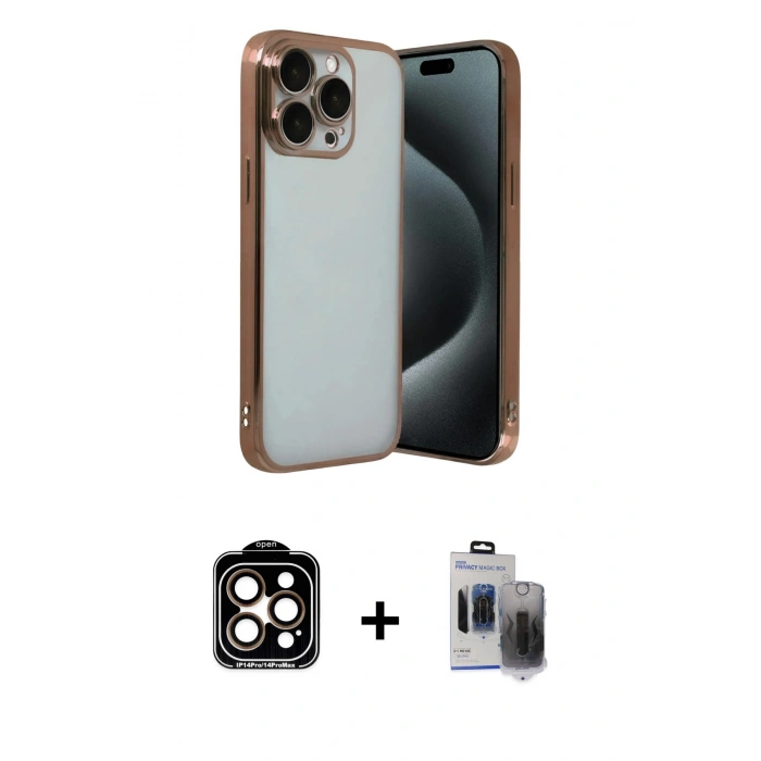 MARSİLYAN™- iPhone 15 Pro Max Kılıf Vadi Minimal - Siyah Vanessa Magic Hayalet Cam + PVD Metal Kamera Lens - TU