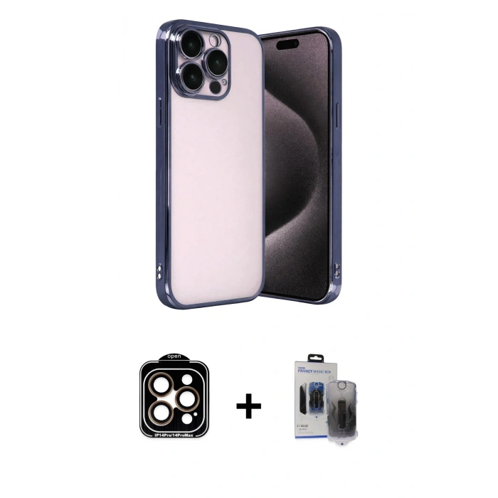 MARSİLYAN™- iPhone 15 Pro Max Kılıf Vadi Minimal - Siyah Vanessa Magic Hayalet Cam + PVD Metal Kamera Lens - TU