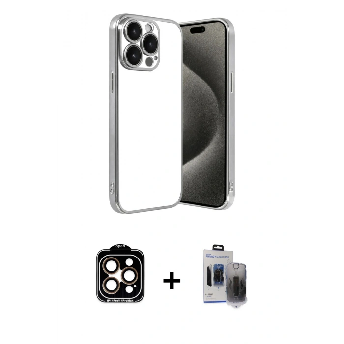 MARSİLYAN™- iPhone 15 Pro Max Kılıf Vadi Minimal - Siyah Vanessa Magic Hayalet Cam + PVD Metal Kamera Lens - TU
