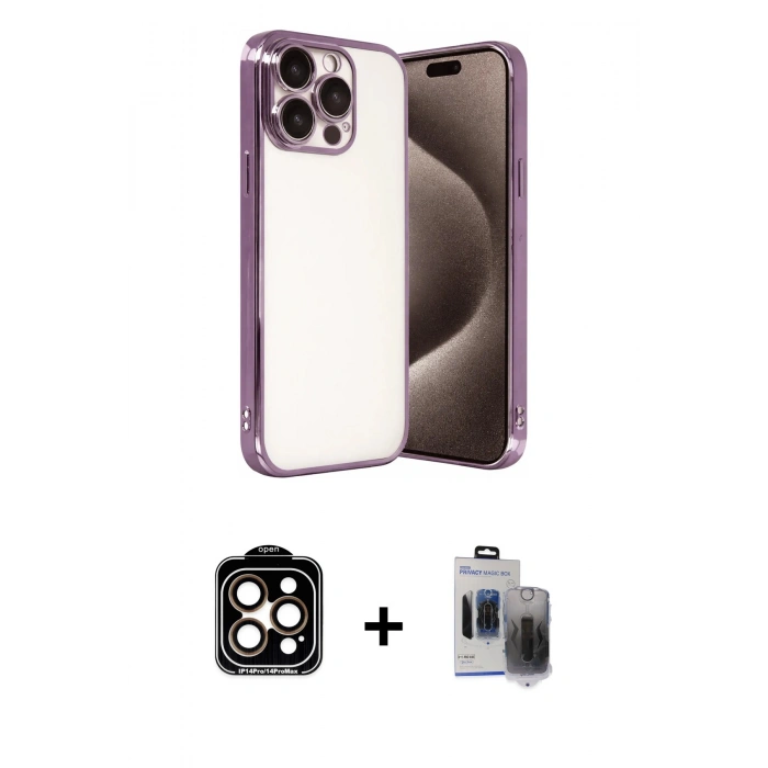 MARSİLYAN™- iPhone 15 Pro Max Kılıf Vadi Minimal - Siyah Vanessa Magic Hayalet Cam + PVD Metal Kamera Lens - TU