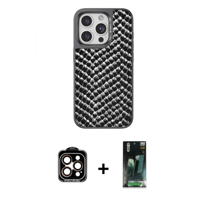 MARSİLYAN™- iPhone 15 Pro Max Kılıf Vadi Özel Seri - Şeffaf 360 Full Body Arka Koruyucu + PVD Metal Kamera Lens - TU