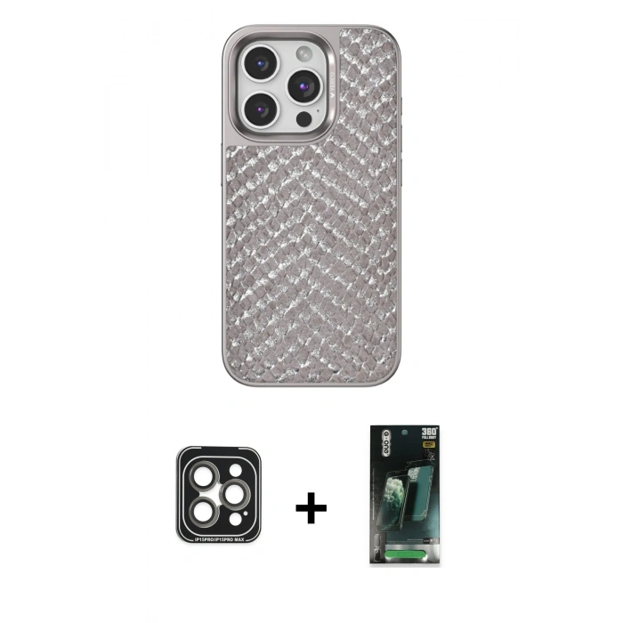 MARSİLYAN™- iPhone 15 Pro Max Kılıf Vadi Özel Seri - Şeffaf 360 Full Body Arka Koruyucu + PVD Metal Kamera Lens - GI