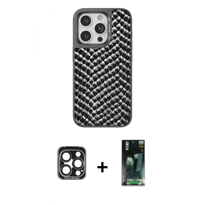 MARSİLYAN™- iPhone 15 Pro Max Kılıf Vadi Özel Seri - Şeffaf 360 Full Body Arka Koruyucu + PVD Metal Kamera Lens - LT