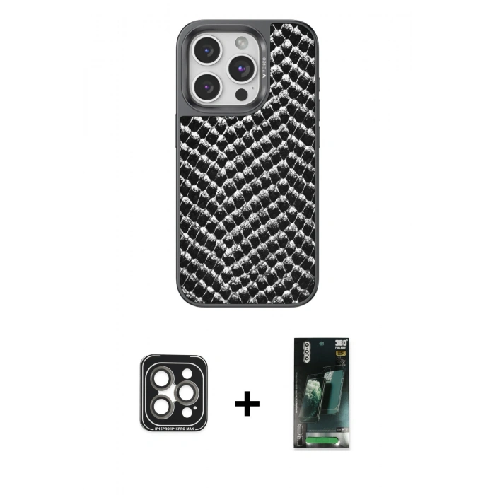 MARSİLYAN™- iPhone 15 Pro Max Kılıf Vadi Özel Seri - Şeffaf 360 Full Body Arka Koruyucu + PVD Metal Kamera Lens - GI