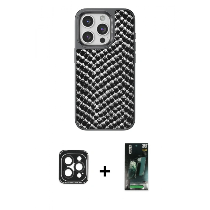 MARSİLYAN™- iPhone 15 Pro Max Kılıf Vadi Özel Seri - Şeffaf 360 Full Body Arka Koruyucu + PVD Metal Kamera Lens - SH