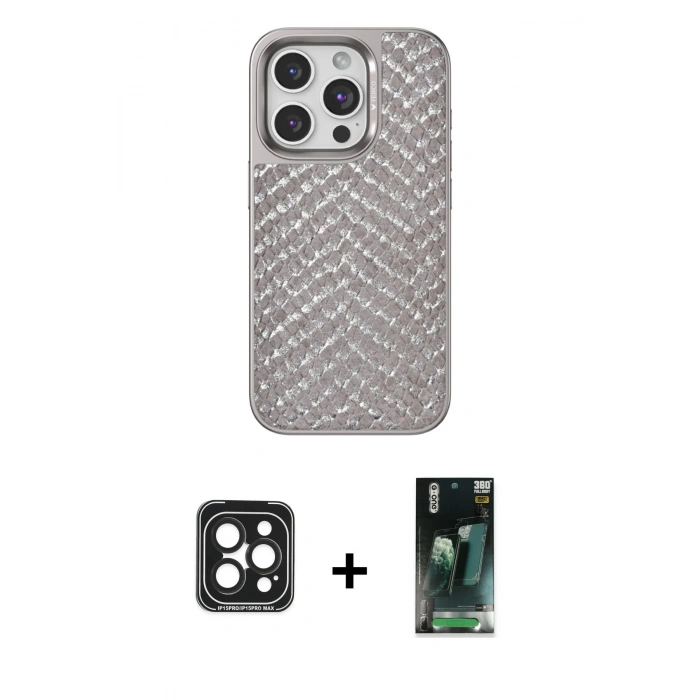 MARSİLYAN™- iPhone 15 Pro Max Kılıf Vadi Özel Seri - Şeffaf 360 Full Body Arka Koruyucu + PVD Metal Kamera Lens - SH