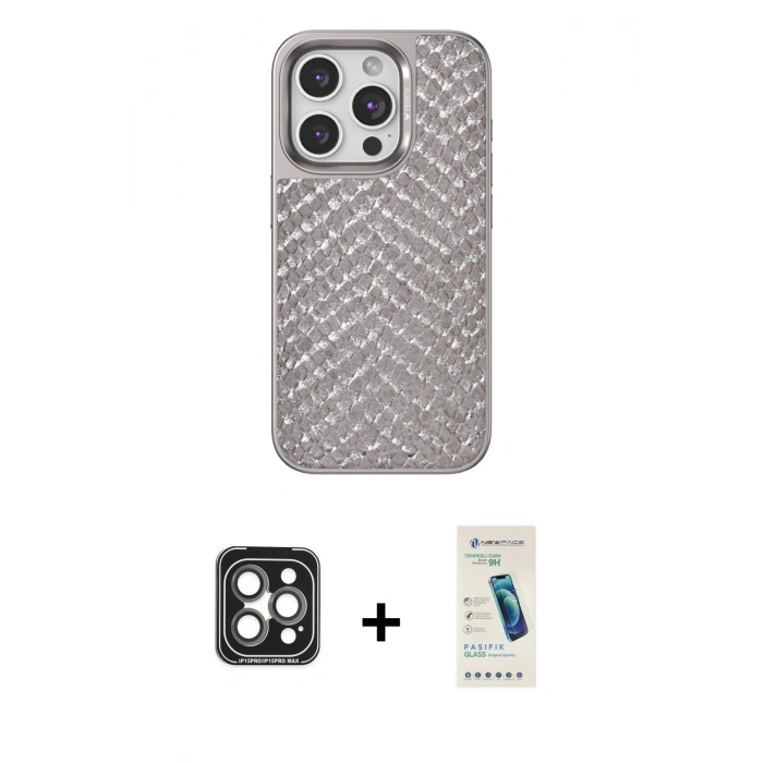 MARSİLYAN™- iPhone 15 Pro Max Kılıf Vadi Özel Seri - Şeffaf Pasifik Cam Ekran Koruyucu + PVD Metal Kamera Lens - GI