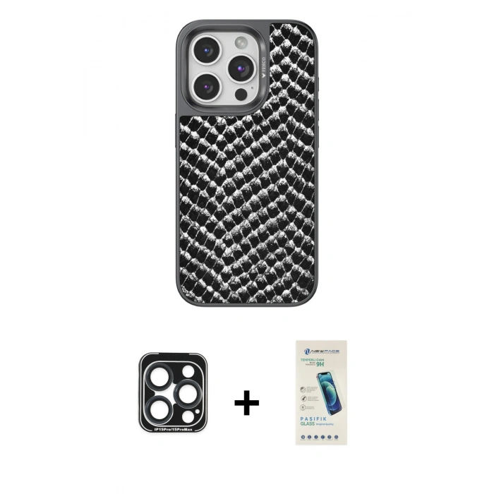 MARSİLYAN™- iPhone 15 Pro Max Kılıf Vadi Özel Seri - Şeffaf Pasifik Cam Ekran Koruyucu + PVD Metal Kamera Lens - LT